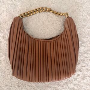 Madison West Tan Pleated Hobo Bag with Gold Chain